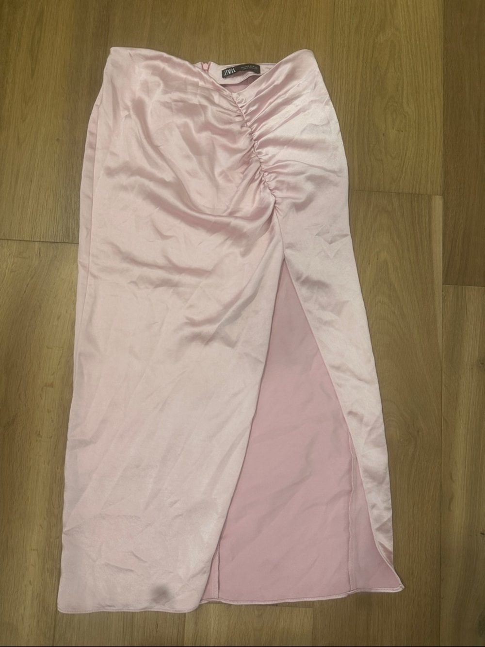 Zara Light Pink Satin Ruched Midi Skirt with Side Split